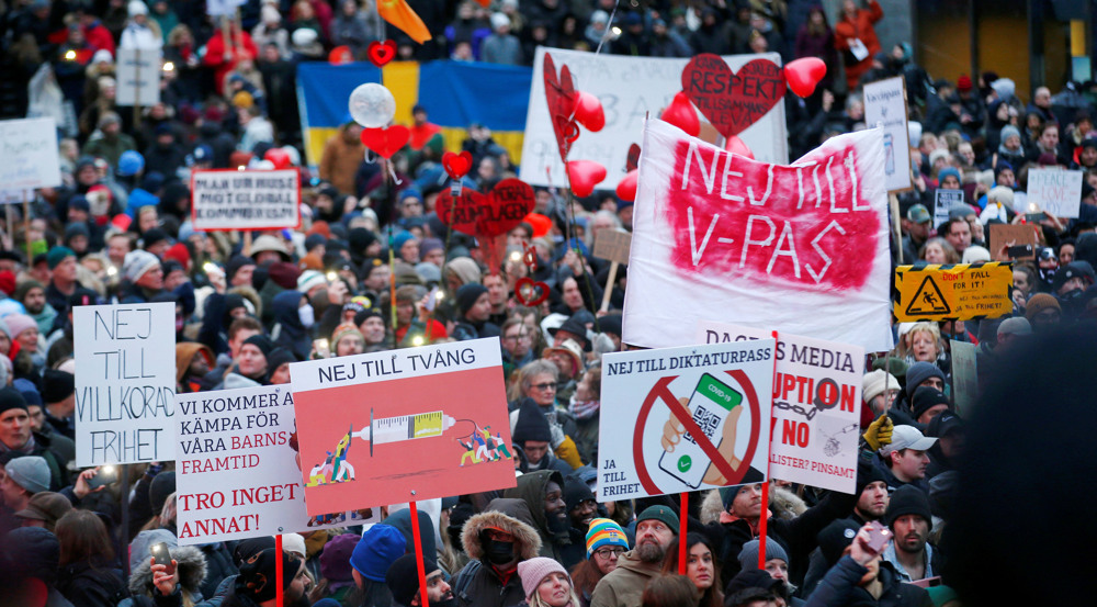 Thousands protest against COVID vaccination pass in Sweden's capital