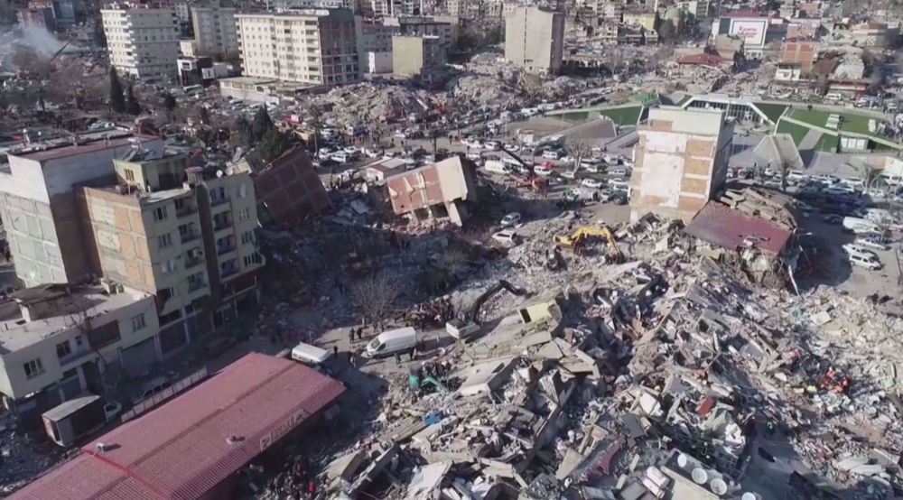 Drone footage shows collapsed buildings in quake-hit Turkish province