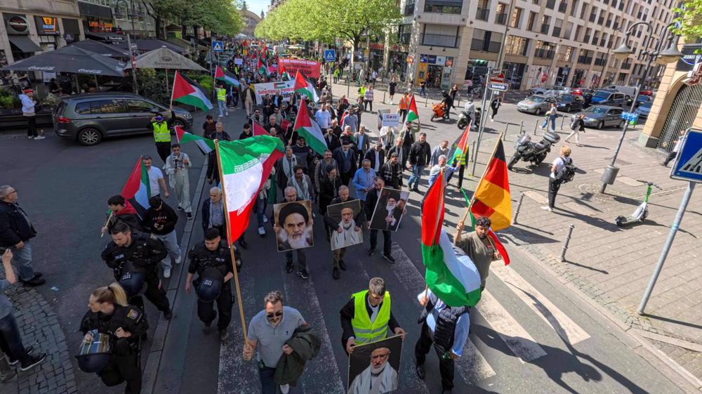 Pro-Palestinian protesters march in Frankfurt on Quds Day