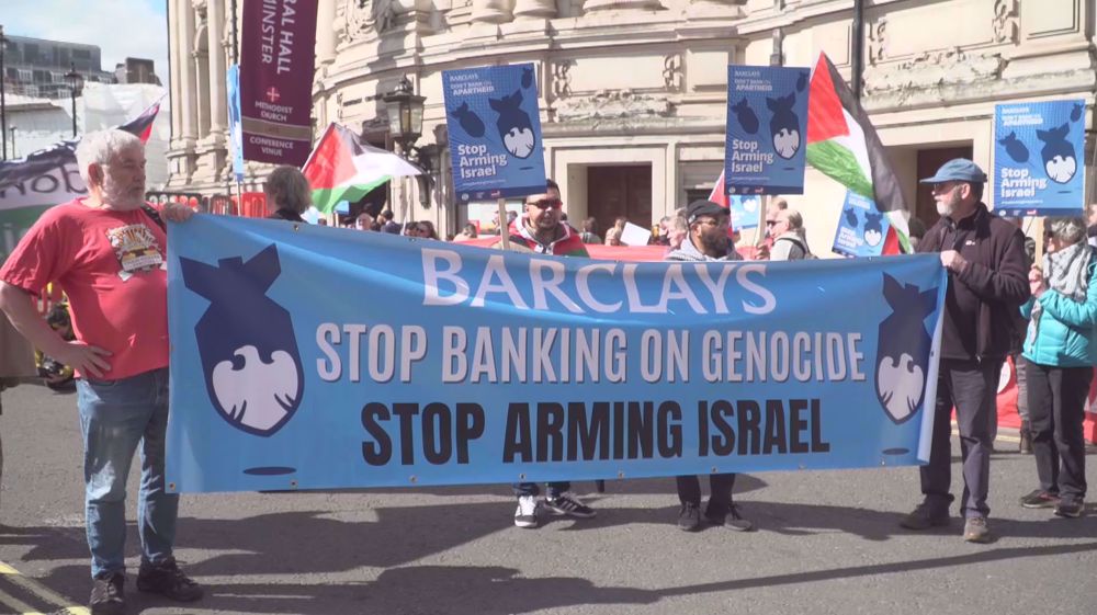 London demonstrators protest Barclays Bank ties to Israel