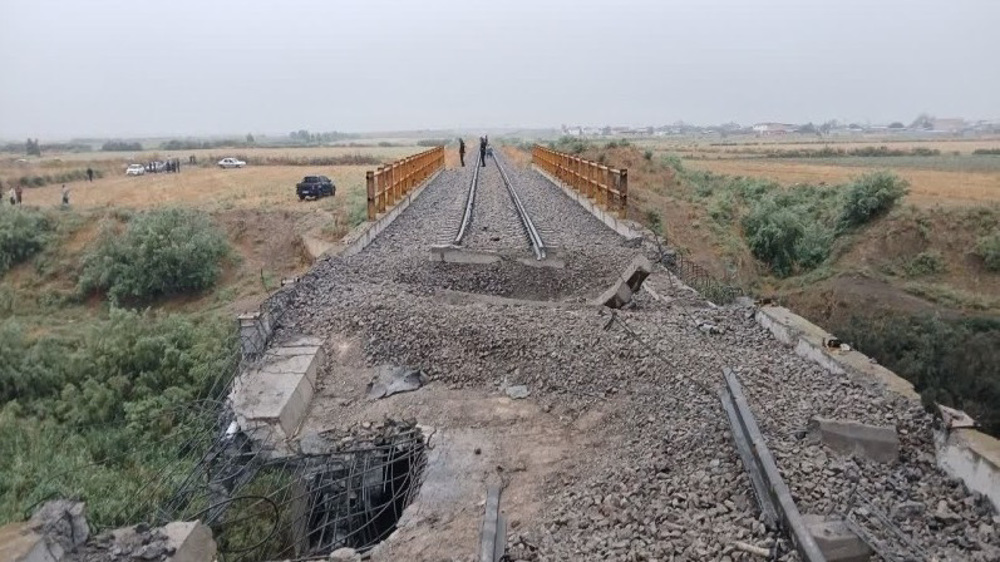 This image shows a damaged railway bridge in Golestan province, northern Iran, following US airstrik