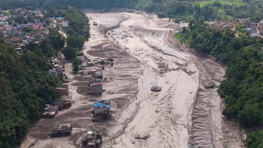Aerial footage shows massive floods in Nepal's Rasuwa district