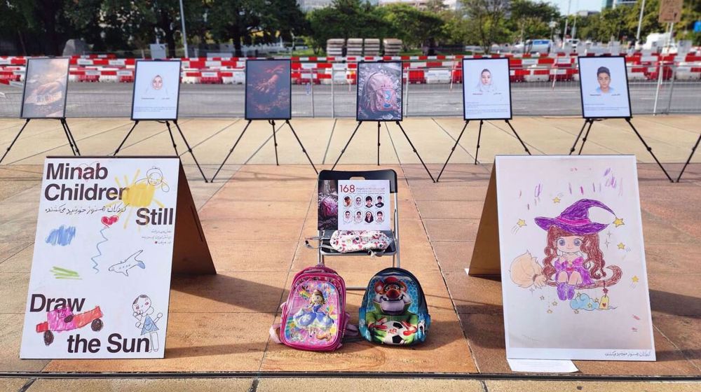 Drawings of Minab children killed in US attack exhibited outside UN office in Geneva